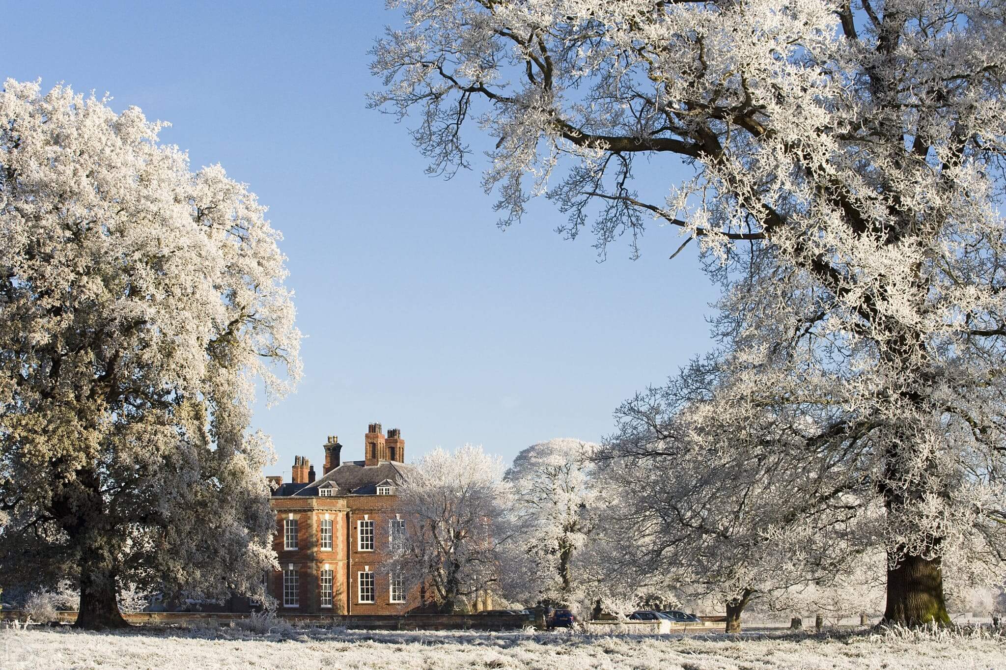 Iscoyd park hotel covered in snow